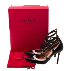 Pre Owned Valentino Black/Beige Leather Grommet Studded Pointed Toe Pumps Size 36.5