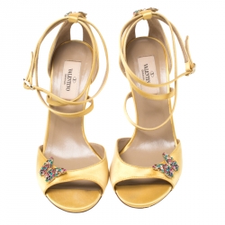 Pre Owned Valentino Yellow Satin Crystal Embellished Butterfly Ankle Strap Sandals Size 37.5