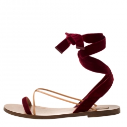 Pre Owned Valentino Maroon Velvet and Leather Open Toe Flat Ankle Wrap Sandals Size 40
