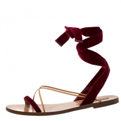 Pre Owned Valentino Maroon Velvet and Leather Open Toe Flat Ankle Wrap Sandals Size 40