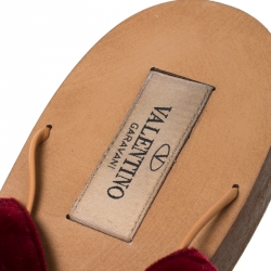 Pre Owned Valentino Maroon Velvet and Leather Open Toe Flat Ankle Wrap Sandals Size 40