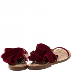 Pre Owned Valentino Maroon Velvet and Leather Open Toe Flat Ankle Wrap Sandals Size 40