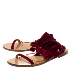 Pre Owned Valentino Maroon Velvet and Leather Open Toe Flat Ankle Wrap Sandals Size 40