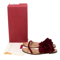 Pre Owned Valentino Maroon Velvet and Leather Open Toe Flat Ankle Wrap Sandals Size 40