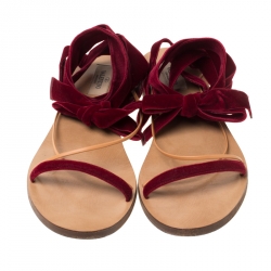 Pre Owned Valentino Maroon Velvet and Leather Open Toe Flat Ankle Wrap Sandals Size 40