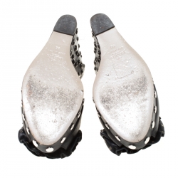 Pre Owned Valentino Black Leather Rose Appliquè Studded Wedge Slingback Sandals Size 38