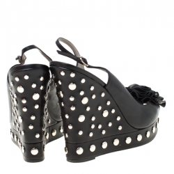 Pre Owned Valentino Black Leather Rose Appliquè Studded Wedge Slingback Sandals Size 38