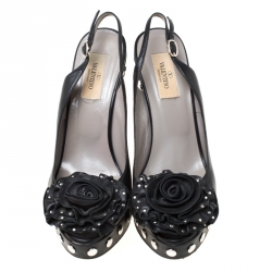 Pre Owned Valentino Black Leather Rose Appliquè Studded Wedge Slingback Sandals Size 38