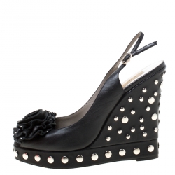 Pre Owned Valentino Black Leather Rose Appliquè Studded Wedge Slingback Sandals Size 38