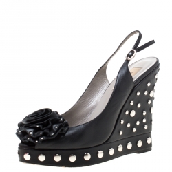 Pre Owned Valentino Black Leather Rose Appliquè Studded Wedge Slingback Sandals Size 38