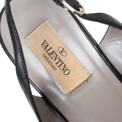 Pre Owned Valentino Black Leather Rose Appliquè Studded Wedge Slingback Sandals Size 38