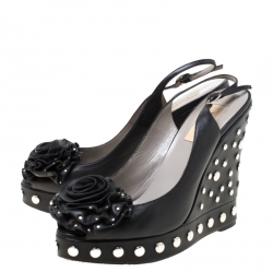 Pre Owned Valentino Black Leather Rose Appliquè Studded Wedge Slingback Sandals Size 38