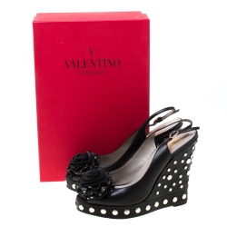 Pre Owned Valentino Black Leather Rose Appliquè Studded Wedge Slingback Sandals Size 38
