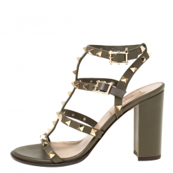Pre Owned Valentino Olive Green Leather Rockstud Caged Sandals Size 37