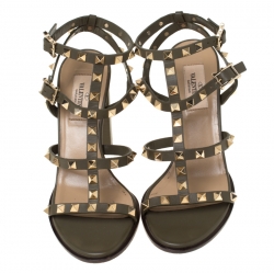 Pre Owned Valentino Olive Green Leather Rockstud Caged Sandals Size 37