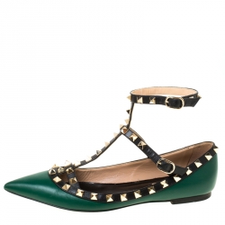 Pre Owned Valentino Green Leather Rockstud Ballet Flats Size 37