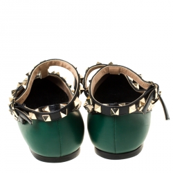 Pre Owned Valentino Green Leather Rockstud Ballet Flats Size 37
