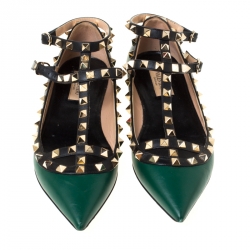 Pre Owned Valentino Green Leather Rockstud Ballet Flats Size 37