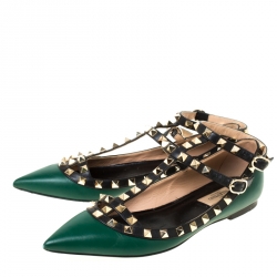 Pre Owned Valentino Green Leather Rockstud Ballet Flats Size 37