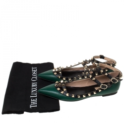 Pre Owned Valentino Green Leather Rockstud Ballet Flats Size 37