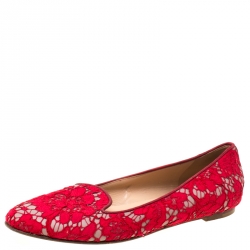 Pre Owned Valentino Red Floral Lace Smoking Slippers Size 40