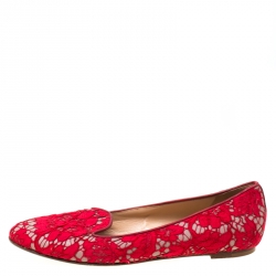 Pre Owned Valentino Red Floral Lace Smoking Slippers Size 40