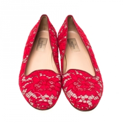 Pre Owned Valentino Red Floral Lace Smoking Slippers Size 40