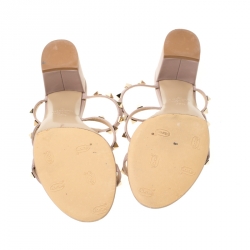 Pre Owned Valentino Beige Leather Rockstud Block Heel Slides Size 39.5