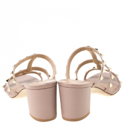 Pre Owned Valentino Beige Leather Rockstud Block Heel Slides Size 39.5