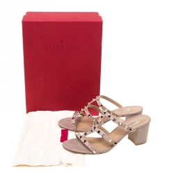 Pre Owned Valentino Beige Leather Rockstud Block Heel Slides Size 39.5