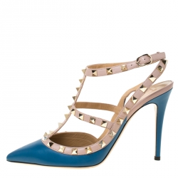 Pre Owned Valentino Blue/Beige Leather Rockstud Ankle Strap Sandals Size 39.5