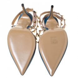 Pre Owned Valentino Blue/Beige Leather Rockstud Ankle Strap Sandals Size 39.5