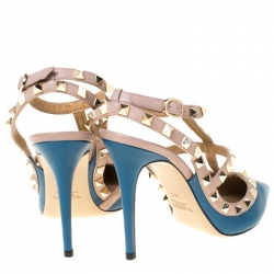 Pre Owned Valentino Blue/Beige Leather Rockstud Ankle Strap Sandals Size 39.5