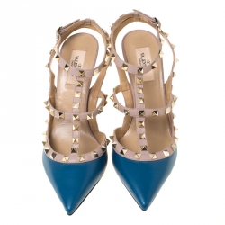 Pre Owned Valentino Blue/Beige Leather Rockstud Ankle Strap Sandals Size 39.5