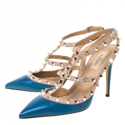 Pre Owned Valentino Blue/Beige Leather Rockstud Ankle Strap Sandals Size 39.5