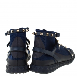 Pre Owned Valentino Blue/Black fabric and Leather Rockstud Body Tech Sock High Top Sneakers Size 37.5