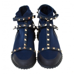 Pre Owned Valentino Blue/Black fabric and Leather Rockstud Body Tech Sock High Top Sneakers Size 37.5