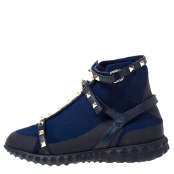 Pre Owned Valentino Blue/Black fabric and Leather Rockstud Body Tech Sock High Top Sneakers Size 37.5