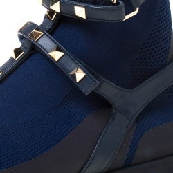 Pre Owned Valentino Blue/Black fabric and Leather Rockstud Body Tech Sock High Top Sneakers Size 37.5
