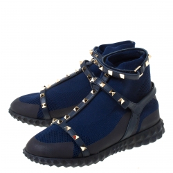 Pre Owned Valentino Blue/Black fabric and Leather Rockstud Body Tech Sock High Top Sneakers Size 37.5