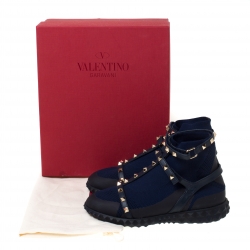 Pre Owned Valentino Blue/Black fabric and Leather Rockstud Body Tech Sock High Top Sneakers Size 37.5