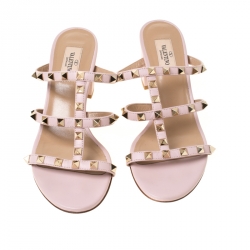 Pre Owned Valentino Light Pink Leather Rockstud Caged Slide Sandals Size 38