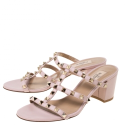 Pre Owned Valentino Light Pink Leather Rockstud Caged Slide Sandals Size 38