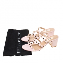 Pre Owned Valentino Light Pink Leather Rockstud Caged Slide Sandals Size 38