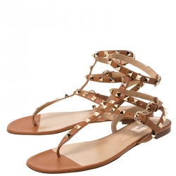 Pre Owned Valentino Brown Leather Rockstud Thong Gladiator Sandals Size 39