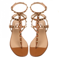 Pre Owned Valentino Brown Leather Rockstud Thong Gladiator Sandals Size 39