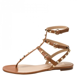 Pre Owned Valentino Brown Leather Rockstud Thong Gladiator Sandals Size 39