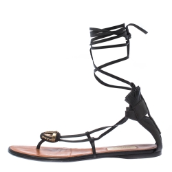 Pre Owned Valentino Black/Brown Leather Gladiator Tribe Ankle Wrap Sandals Size 40
