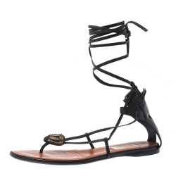 Pre Owned Valentino Black/Brown Leather Gladiator Tribe Ankle Wrap Sandals Size 40