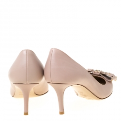 Pre Owned Valentino Beige Leather Bow Studded Pointed Toe Pumps Size 38.5